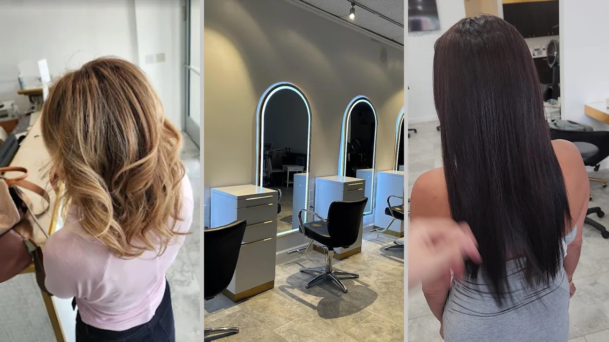 Clean salon interior with styling stations.